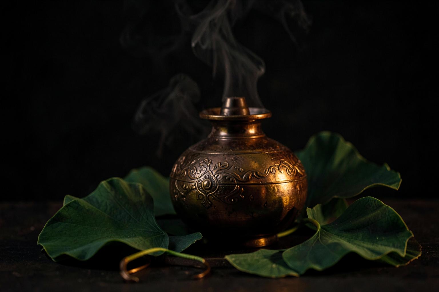 Brass Ayurvedic oil vessel with ginkgo leaves in warm low light